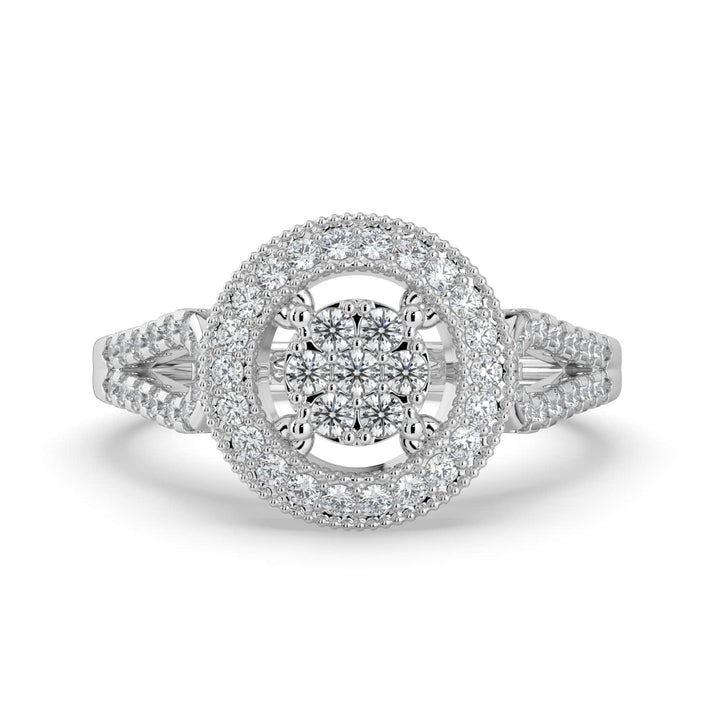 A diamond ring featuring a round cluster center surrounded by a single pavé-set halo, with a detailed pavé-set band for added elegance.