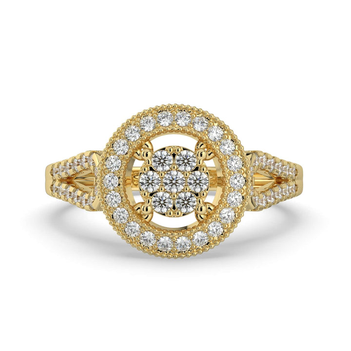 A diamond ring featuring a round cluster center surrounded by a single pavé-set halo, with a detailed pavé-set band for added elegance.