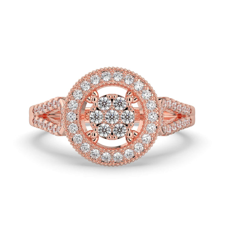 A diamond ring featuring a round cluster center surrounded by a single pavé-set halo, with a detailed pavé-set band for added elegance.