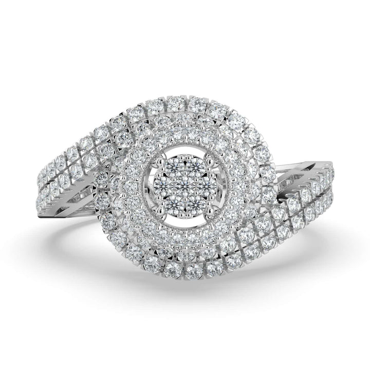 A diamond ring featuring a round cluster center, surrounded by concentric halos of pavé-set diamonds, with a split pavé-set band for added brilliance.