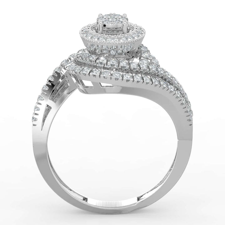 A diamond ring featuring a round cluster center, surrounded by concentric halos of pavé-set diamonds, with a split pavé-set band for added brilliance.