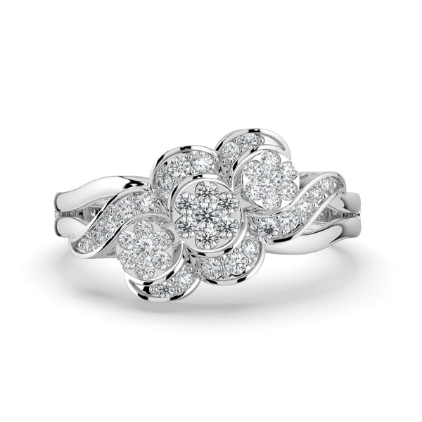 A floral-inspired diamond ring featuring three clustered flower motifs, accented by wavy pavé-set diamonds along the band.