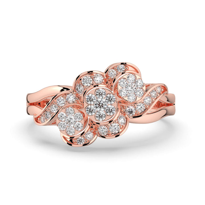 A floral-inspired diamond ring featuring three clustered flower motifs, accented by wavy pavé-set diamonds along the band.