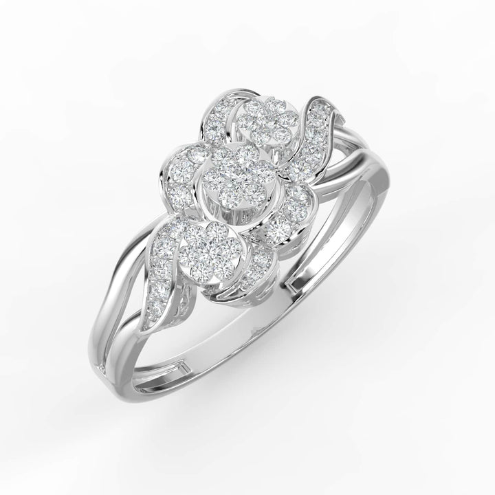 A floral-inspired diamond ring featuring three clustered flower motifs, accented by wavy pavé-set diamonds along the band.