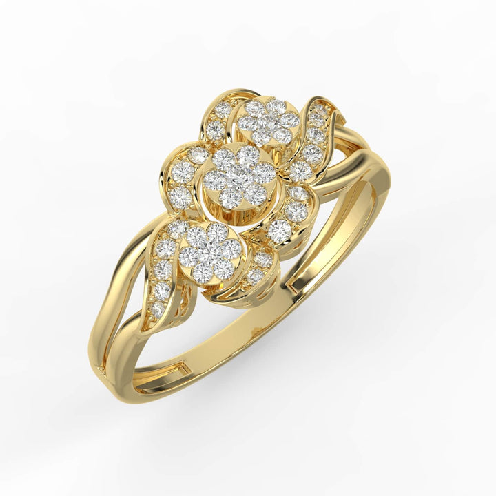 A floral-inspired diamond ring featuring three clustered flower motifs, accented by wavy pavé-set diamonds along the band.