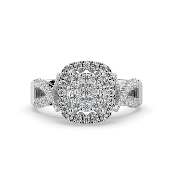 A diamond ring featuring a square cluster center with a cushion-shaped halo and a twisted pavé-set diamond band for added elegance.