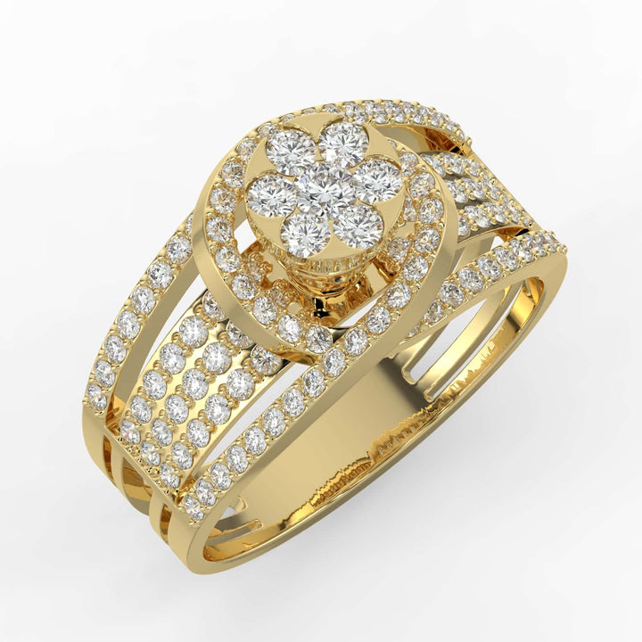 A bold diamond ring featuring a floral cluster center surrounded by a crescent halo, with a wide multi-row pavé-set diamond band.