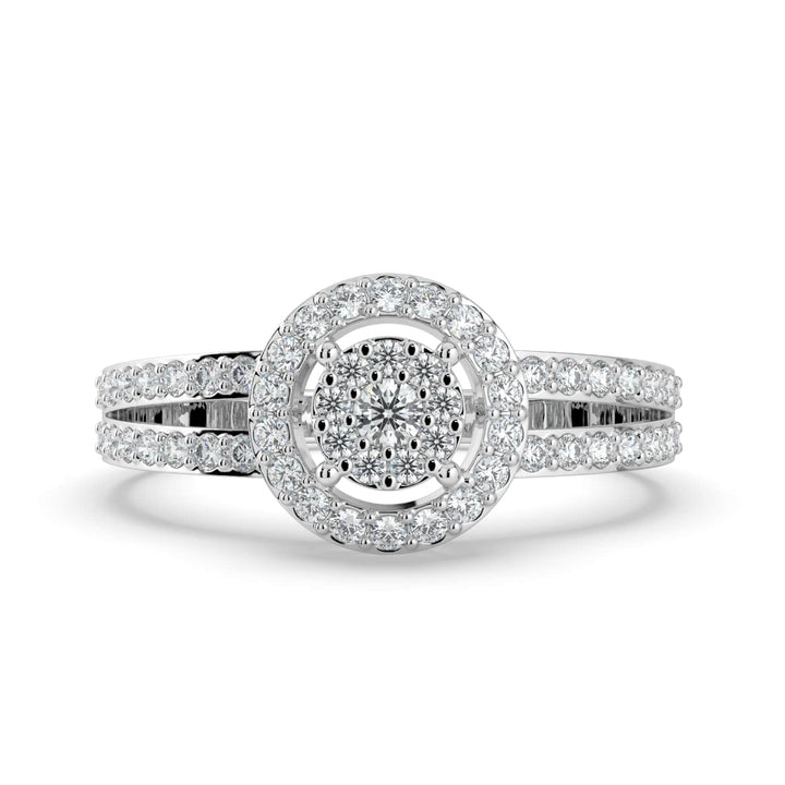 A diamond ring featuring a round cluster center with a halo of pavé-set diamonds and a double pavé-set band, offering a classic and elegant look.