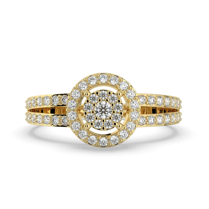 A diamond ring featuring a round cluster center with a halo of pavé-set diamonds and a double pavé-set band, offering a classic and elegant look.