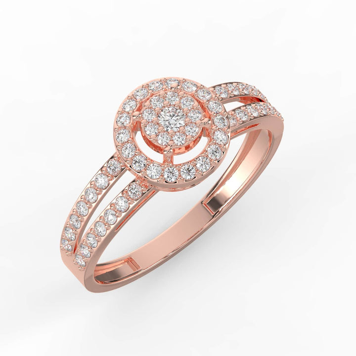 A diamond ring featuring a round cluster center with a halo of pavé-set diamonds and a double pavé-set band, offering a classic and elegant look.