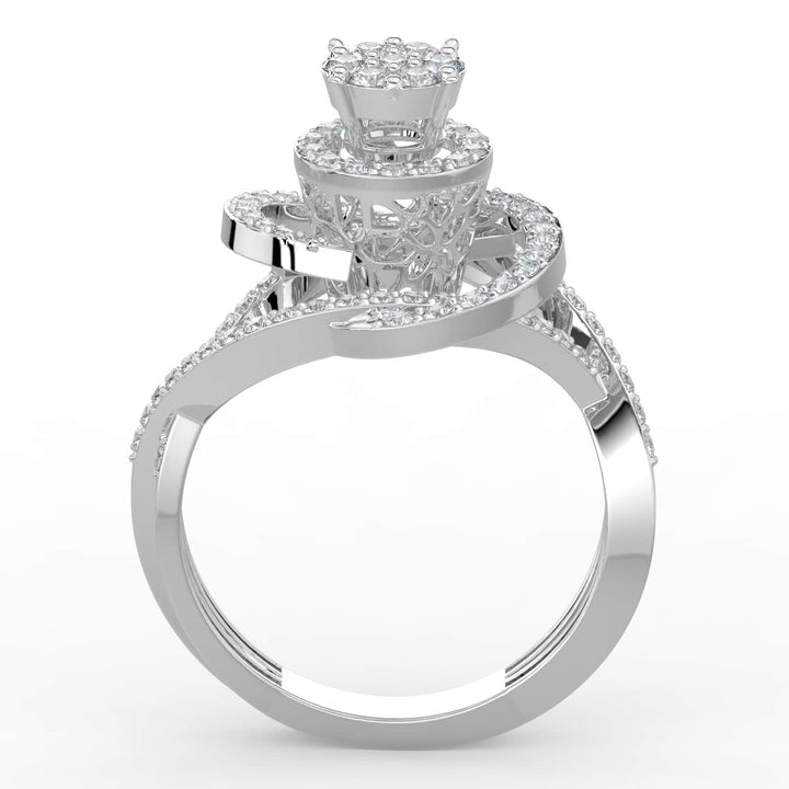 A diamond ring featuring a round cluster center with swirling pavé-set diamond accents and a split band, creating a bold and dynamic design.