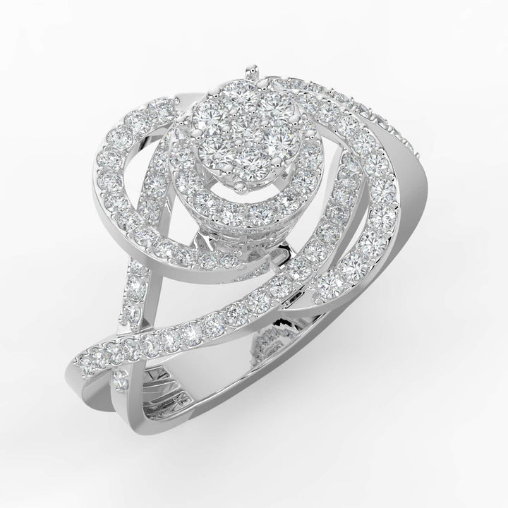 A diamond ring featuring a round cluster center with swirling pavé-set diamond accents and a split band, creating a bold and dynamic design.