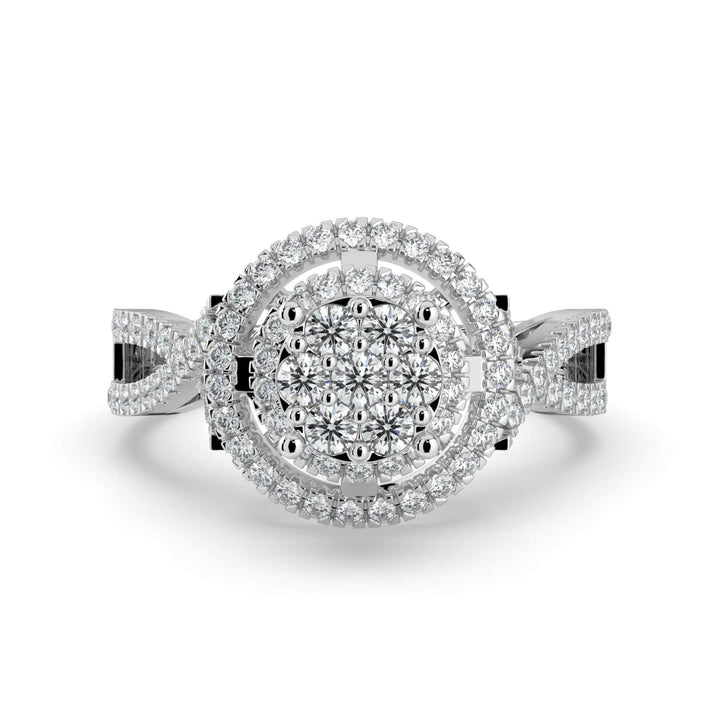 A diamond ring featuring a round cluster center with double halos of pavé-set diamonds, and a twisted diamond-accented band for added elegance.