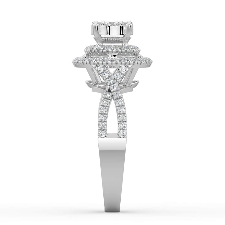 A diamond ring featuring a round cluster center with double halos of pavé-set diamonds, and a twisted diamond-accented band for added elegance.