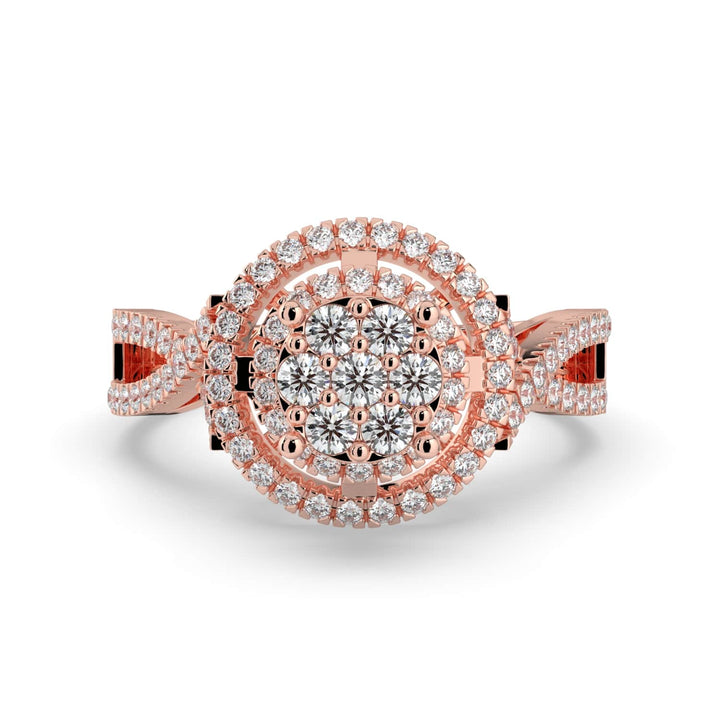 A diamond ring featuring a round cluster center with double halos of pavé-set diamonds, and a twisted diamond-accented band for added elegance.