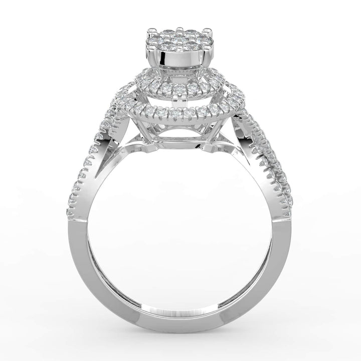 A diamond ring featuring a round cluster center with double halos of pavé-set diamonds, and a twisted diamond-accented band for added elegance.