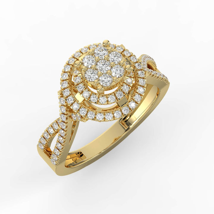 A diamond ring featuring a round cluster center with double halos of pavé-set diamonds, and a twisted diamond-accented band for added elegance.