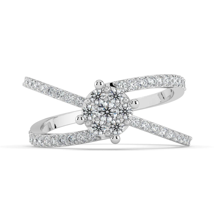 A diamond ring featuring a round cluster center with crisscross pavé-set diamond bands, offering a modern and elegant design.