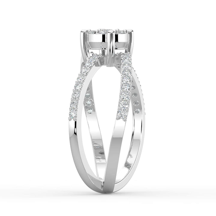 A diamond ring featuring a round cluster center with crisscross pavé-set diamond bands, offering a modern and elegant design.