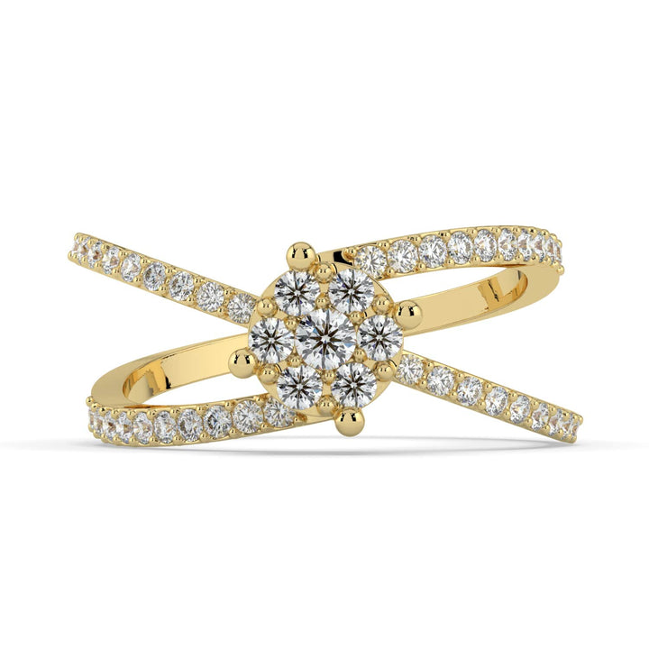 A diamond ring featuring a round cluster center with crisscross pavé-set diamond bands, offering a modern and elegant design.