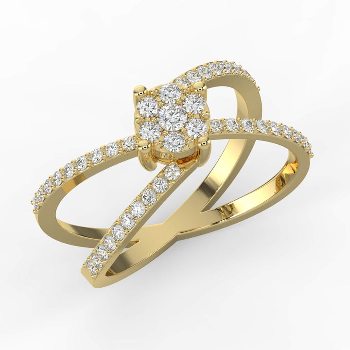 A diamond ring featuring a round cluster center with crisscross pavé-set diamond bands, offering a modern and elegant design.