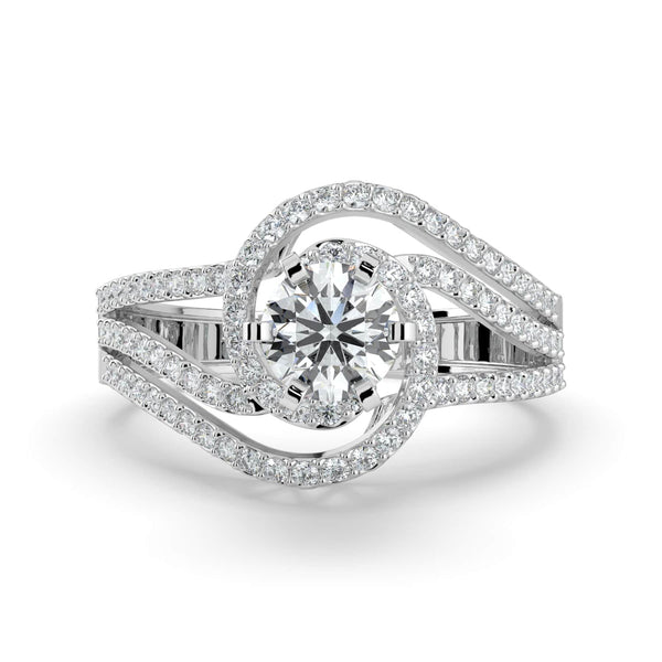 A diamond ring featuring a round center stone, surrounded by a halo and a split pavé-set band, creating an elegant and flowing design.