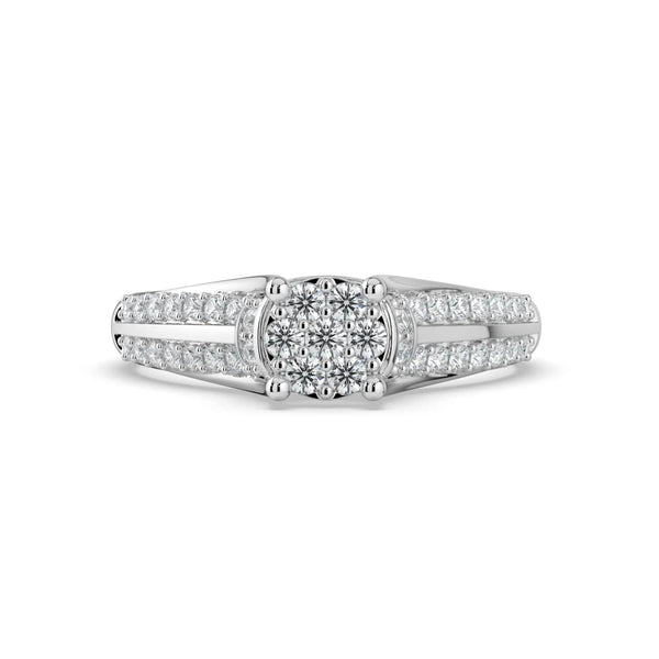 A diamond ring featuring a round cluster center with a split pavé-set diamond band, offering a classic and elegant design.