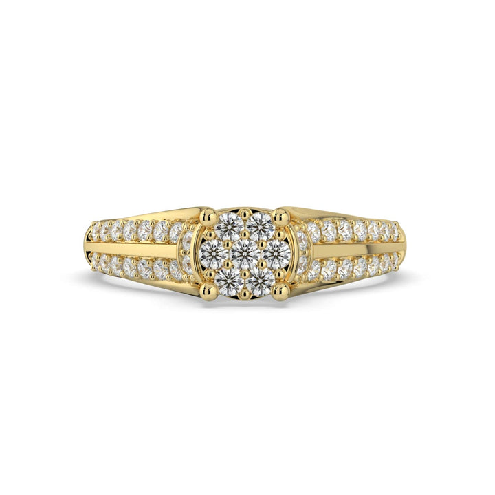 A diamond ring featuring a round cluster center with a split pavé-set diamond band, offering a classic and elegant design.