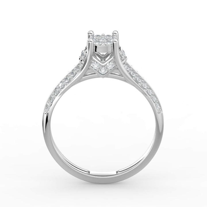 A diamond ring featuring a round cluster center with a split pavé-set diamond band, offering a classic and elegant design.