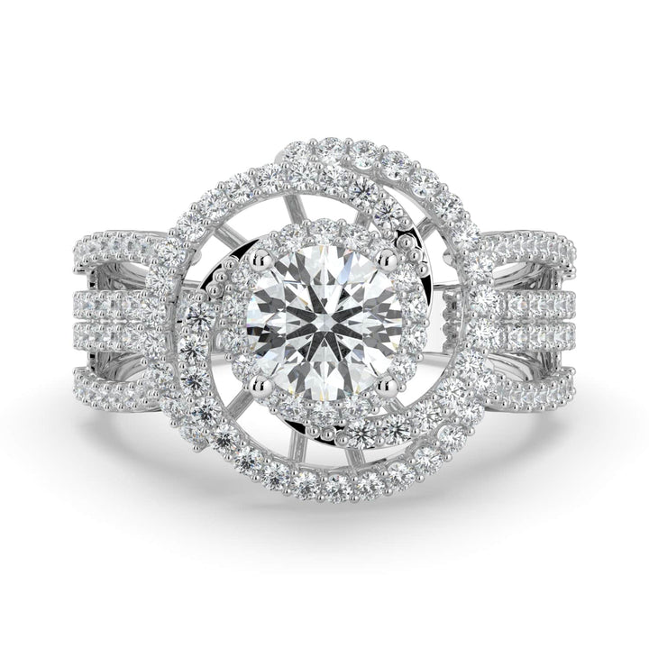 A statement diamond ring featuring a round center stone encircled by spiral halos of pavé-set diamonds, with a multi-row diamond band for added brilliance.