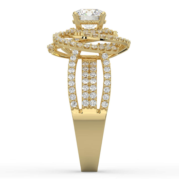 A statement diamond ring featuring a round center stone encircled by spiral halos of pavé-set diamonds, with a multi-row diamond band for added brilliance.