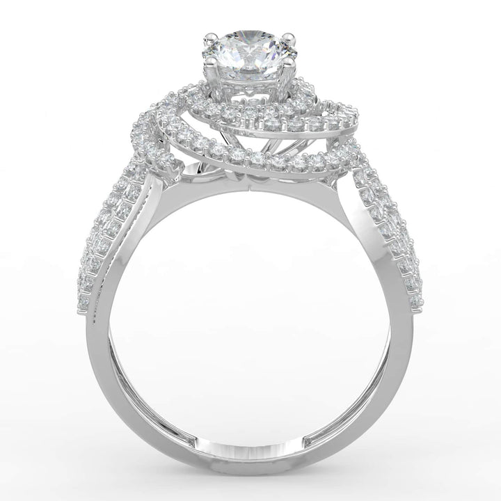 A statement diamond ring featuring a round center stone encircled by spiral halos of pavé-set diamonds, with a multi-row diamond band for added brilliance.