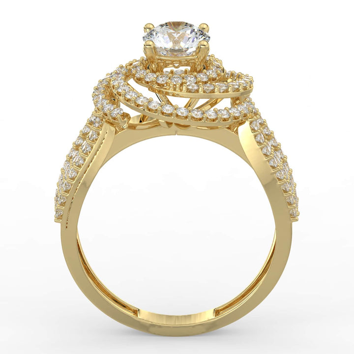 A statement diamond ring featuring a round center stone encircled by spiral halos of pavé-set diamonds, with a multi-row diamond band for added brilliance.