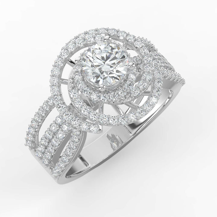 A statement diamond ring featuring a round center stone encircled by spiral halos of pavé-set diamonds, with a multi-row diamond band for added brilliance.