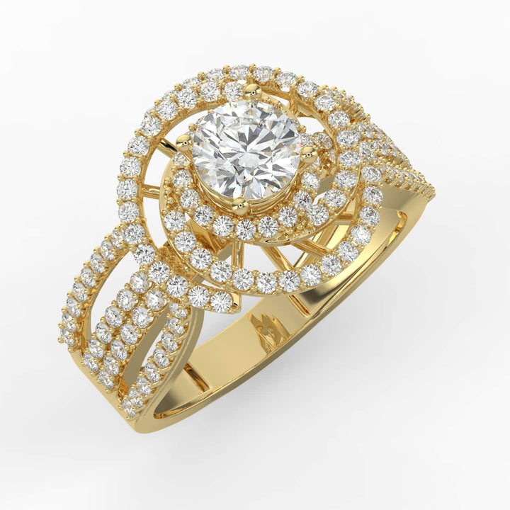 A statement diamond ring featuring a round center stone encircled by spiral halos of pavé-set diamonds, with a multi-row diamond band for added brilliance.