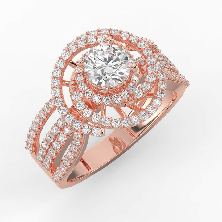 A statement diamond ring featuring a round center stone encircled by spiral halos of pavé-set diamonds, with a multi-row diamond band for added brilliance.