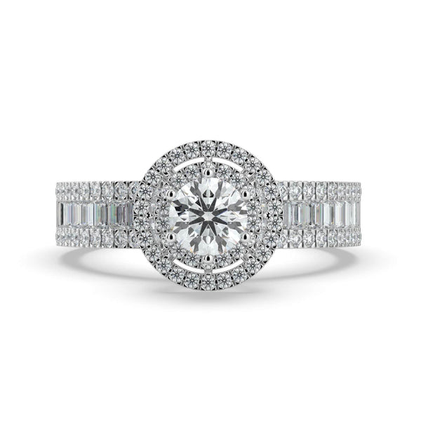 A diamond ring with a round center stone, surrounded by a double halo of pavé-set diamonds, and a band featuring a row of alternating baguette and round diamonds.