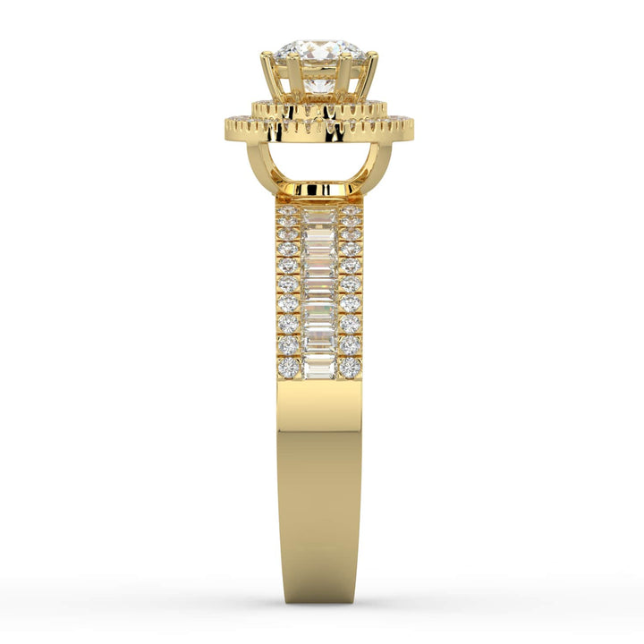 A diamond ring with a round center stone, surrounded by a double halo of pavé-set diamonds, and a band featuring a row of alternating baguette and round diamonds.