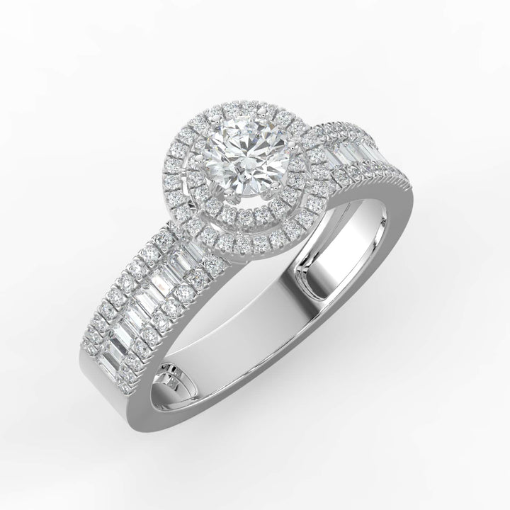 A diamond ring with a round center stone, surrounded by a double halo of pavé-set diamonds, and a band featuring a row of alternating baguette and round diamonds.