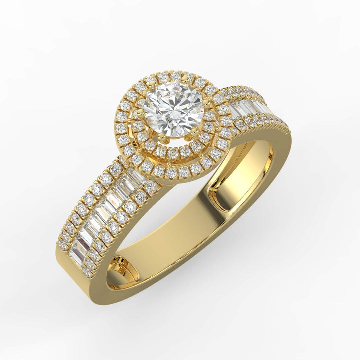 A diamond ring with a round center stone, surrounded by a double halo of pavé-set diamonds, and a band featuring a row of alternating baguette and round diamonds.