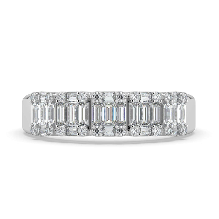 A diamond band featuring a row of alternating baguette and round-cut diamonds, set in a sleek white gold