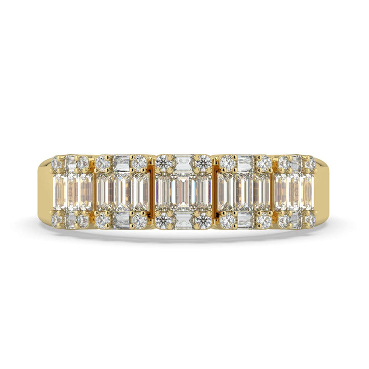 A diamond band featuring a row of alternating baguette and round-cut diamonds, set in a sleek gold