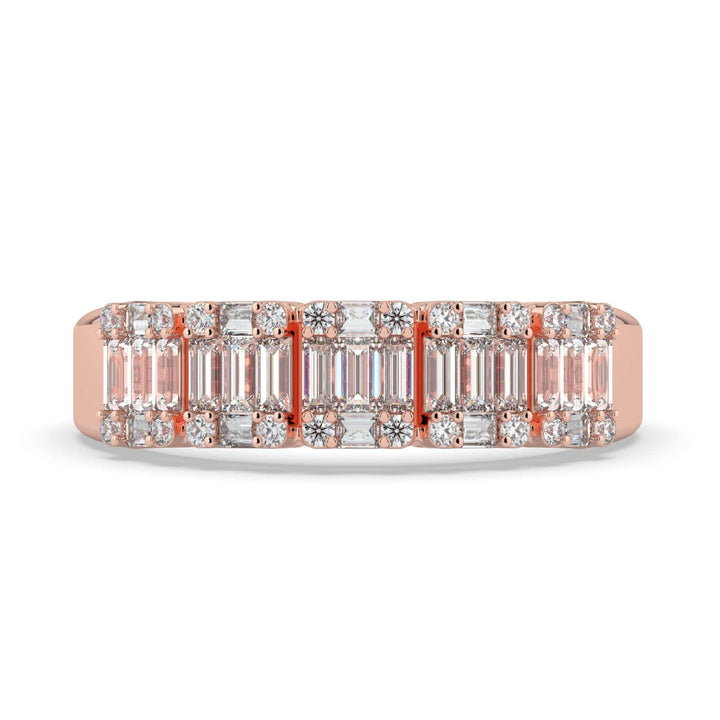 A diamond band featuring a row of alternating baguette and round-cut diamonds, set in a sleek rose gold