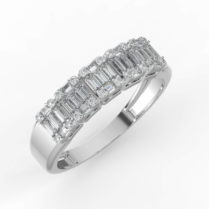 A diamond band featuring a row of alternating baguette and round-cut diamonds, set in a sleek white gold