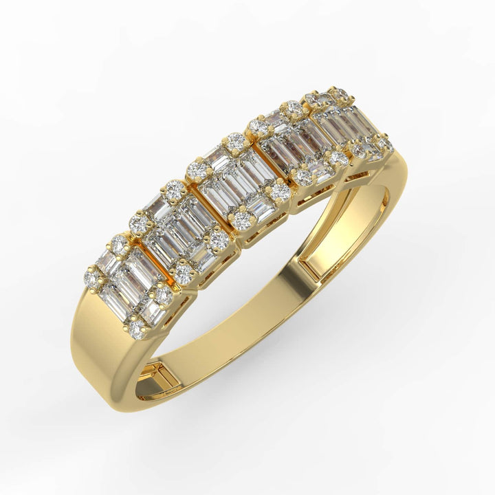 A diamond band featuring a row of alternating baguette and round-cut diamonds, set in a sleek gold