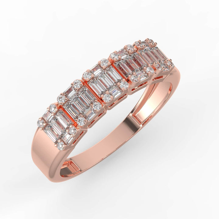 A diamond band featuring a row of alternating baguette and round-cut diamonds, set in a sleek rose gold