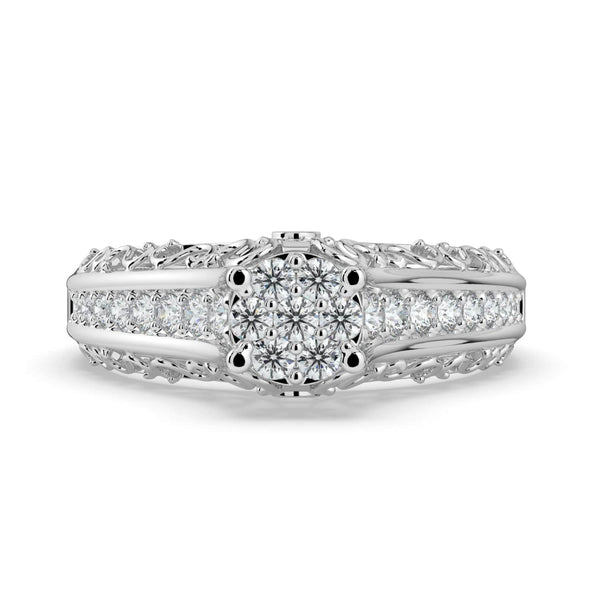 A diamond ring with a round cluster center and intricate filigree details along the band, adorned with pavé-set diamonds.