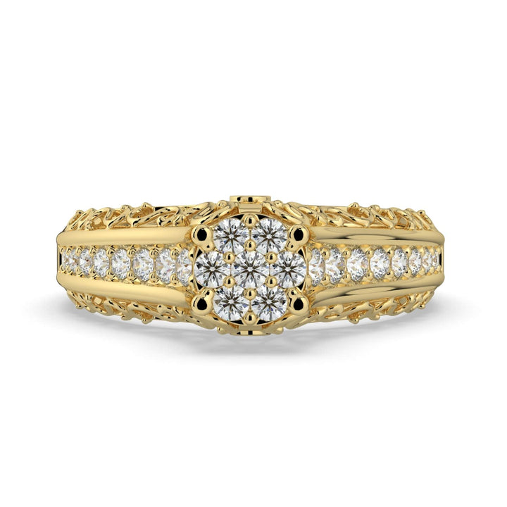 A diamond ring with a round cluster center and intricate filigree details along the band, adorned with pavé-set diamonds.