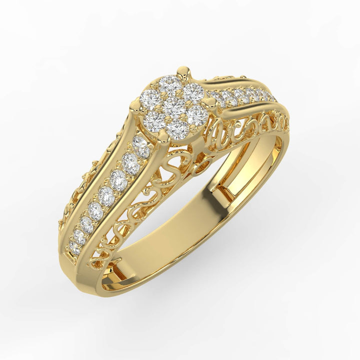 A diamond ring with a round cluster center and intricate filigree details along the band, adorned with pavé-set diamonds.